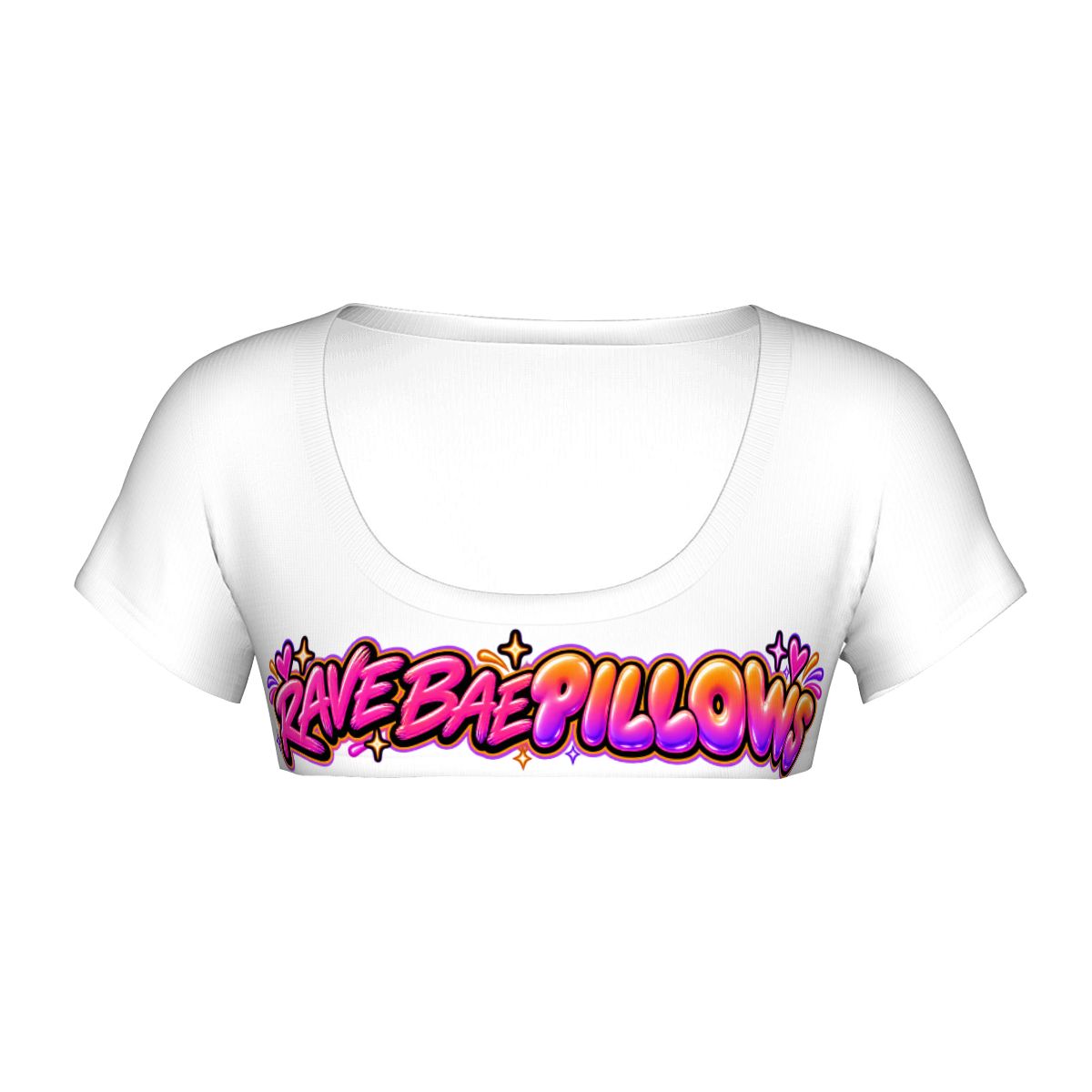 The white Rave Bae Pillows micro crop top on its own, front view, with pink-to-orange graffiti lettering, hearts and sparkles