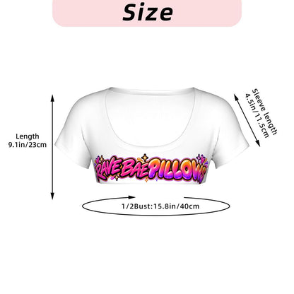 Rave Bae Pillows micro crop top size chart: 9.1 in long, 15.8 in half bust, 4.5 in sleeve