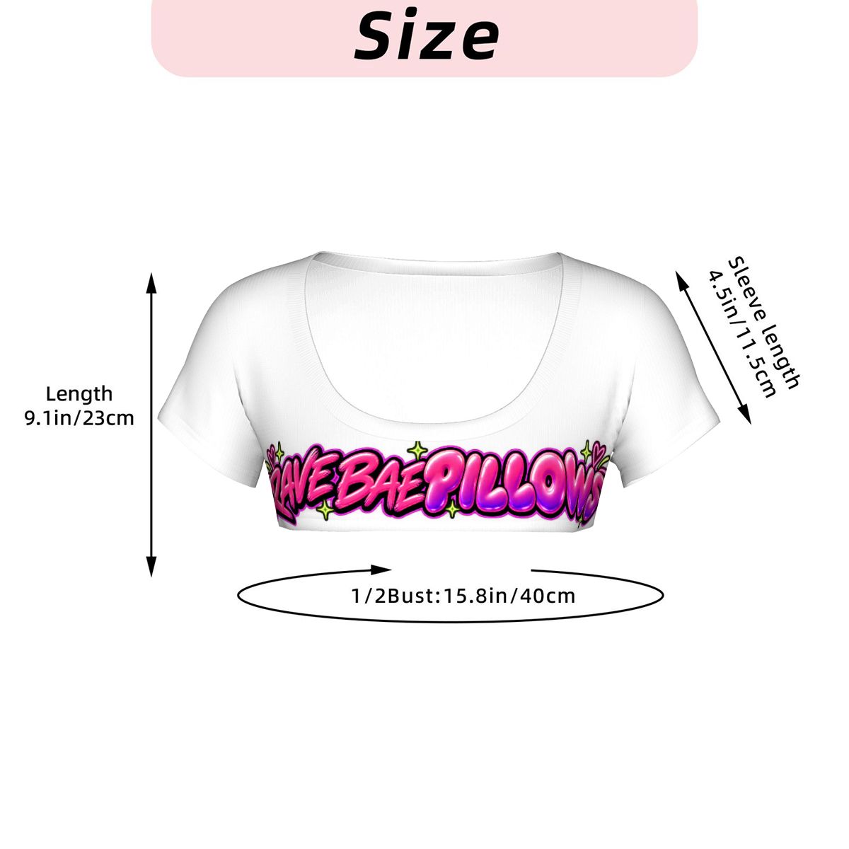 Rave Bae Pillows micro crop top size chart: 9.1 in long, 15.8 in half bust, 4.5 in sleeve