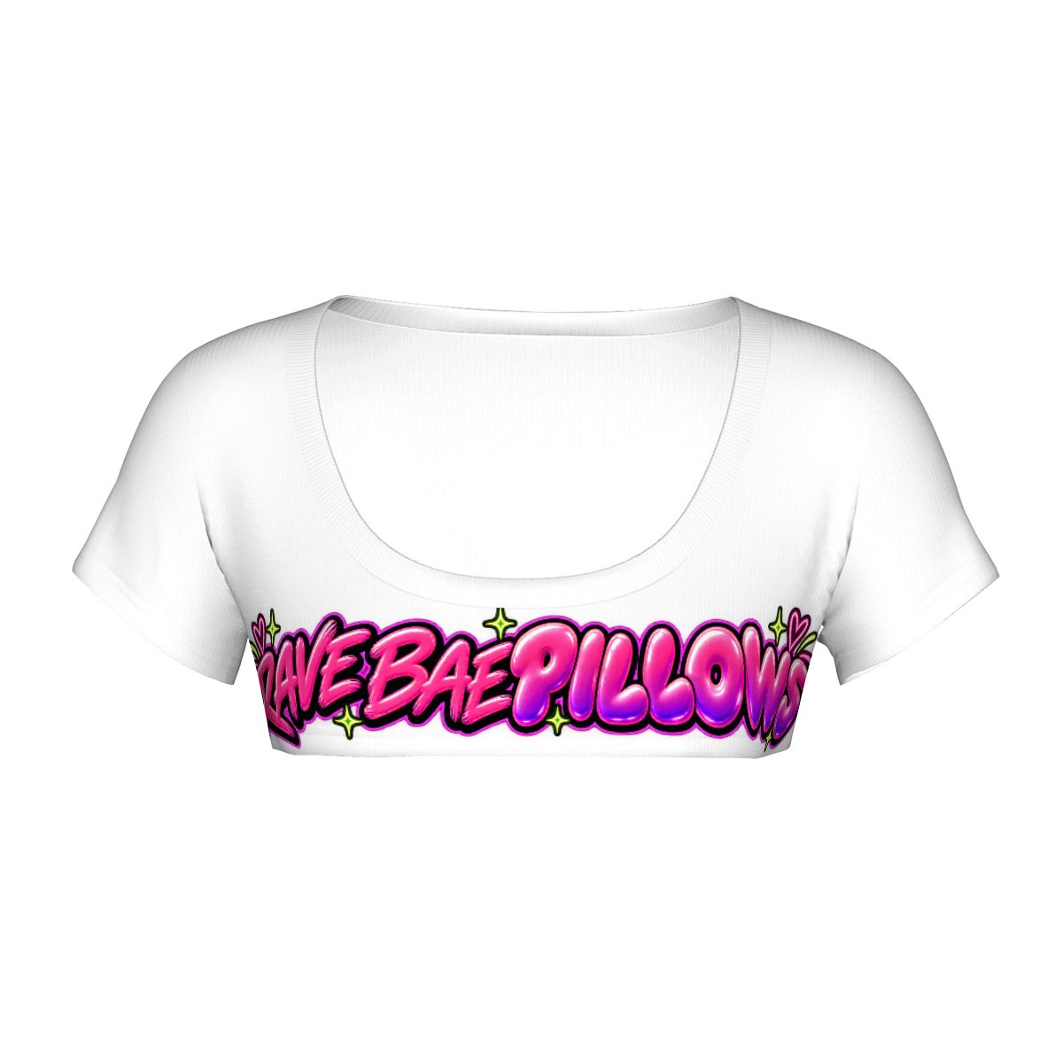The white Rave Bae Pillows micro crop top on its own, front view, with neon pink and purple graffiti lettering and green sparkles