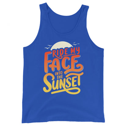 Ride Into the Sunset Flirty Men's Tank featuring the Ride Into the Sunset graphic on a true royal tank